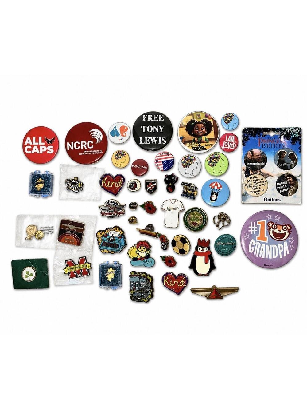 Lot 48 Mixed Buttons & Enamel Pins Political Cartoon Travel Sports Collectible